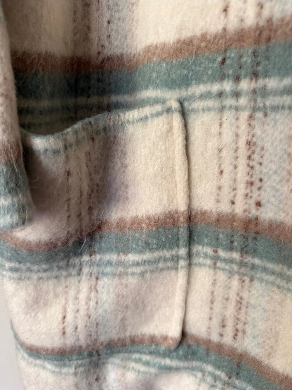 Anthropologie Cream Plaid Pea Coat with Blue-Green and Brown Stripes